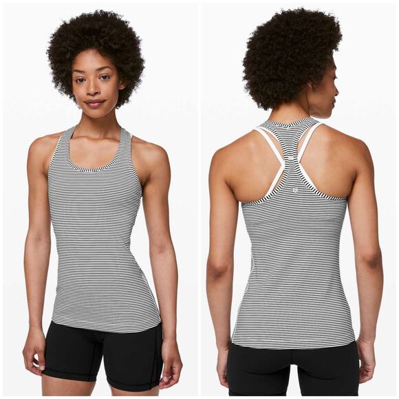 lululemon athletica Tops - Lululemon Cool Racerback Tank Top Hyper Stripe White Black Size 10 Luon Yoga Gym